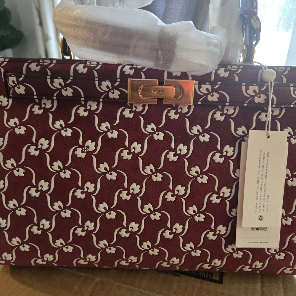 Tory Burch Burgundy and White Patterned Satchel